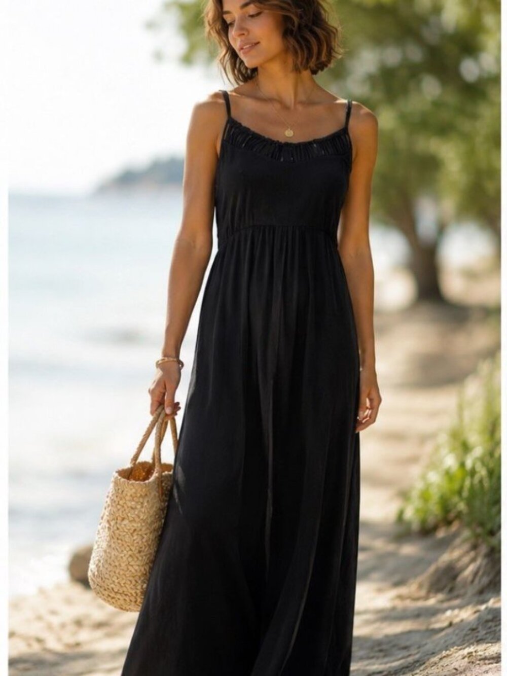 CALVIN KLEIN Black Maxi Dress Sz 8 Stretchy Beach Coastal Bohochic Vacation